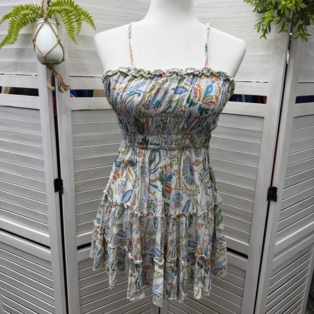 Cute Multi-colored floral print mini dress with ruffles and adjustable straps